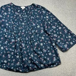 J JILL Blue Pink Floral Pintuck Light Flowy Casual Summer Blouse Top Large